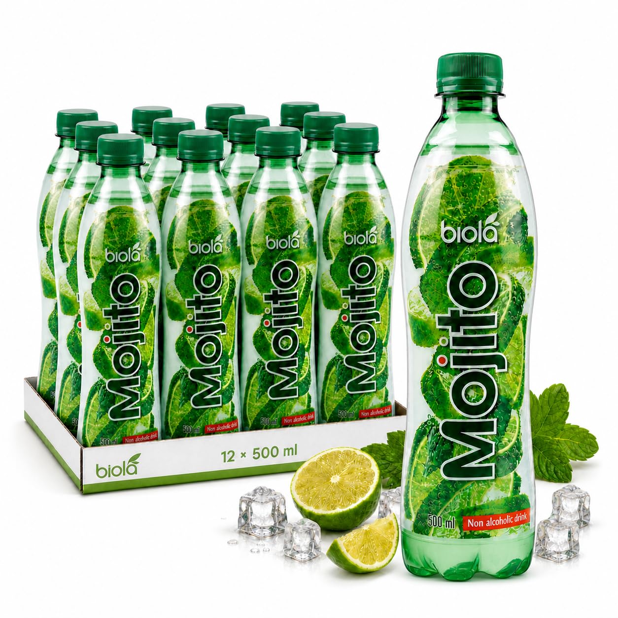 Biola Mojito 0.0% twelve-pack with lime, mint, and ice