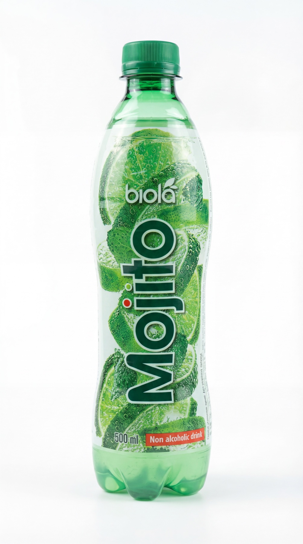 High-resolution photograph of a Biola Non-Alcoholic Mojito bottle
