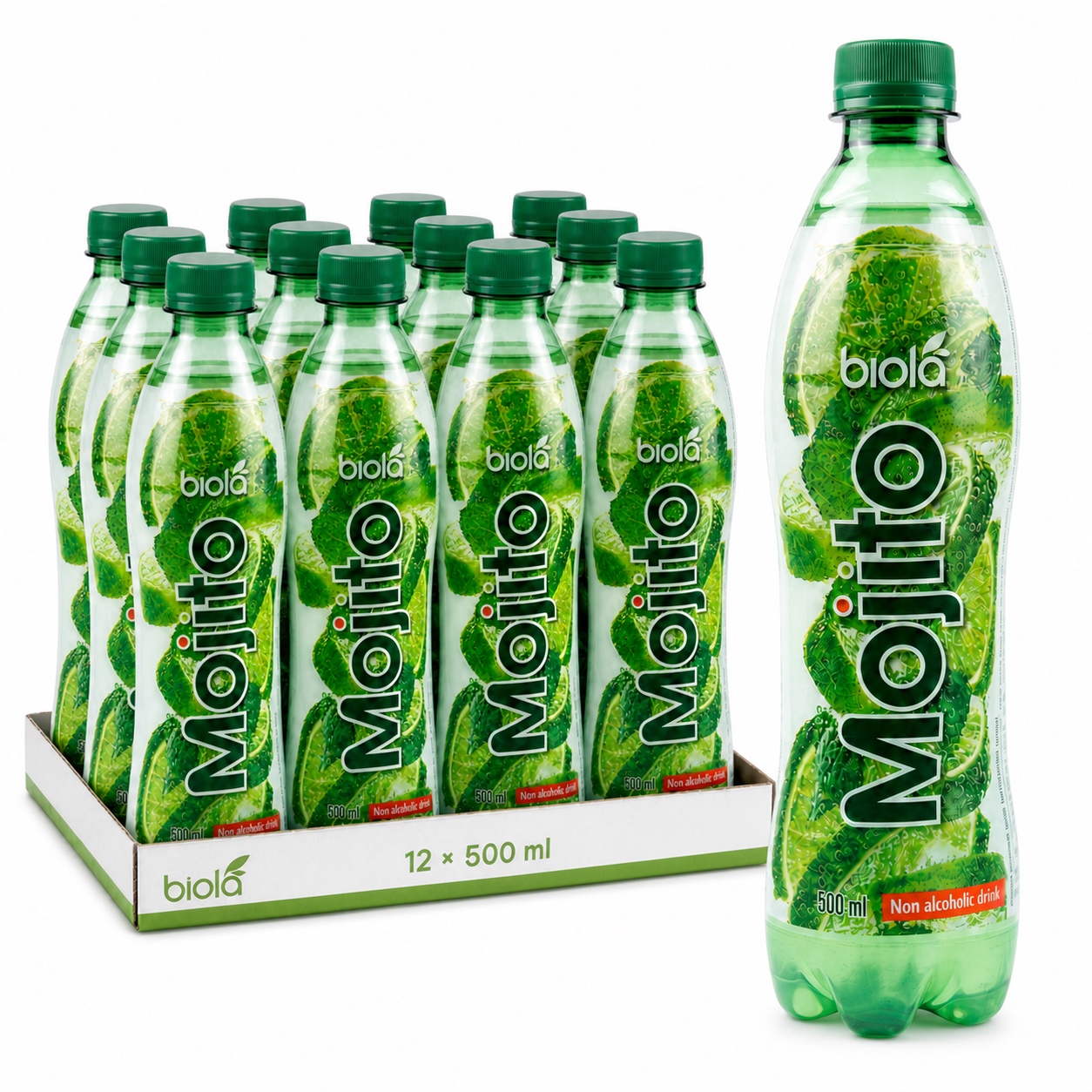 Biola Mojito 0.0% twelve-pack with a 500ml bottle alongside