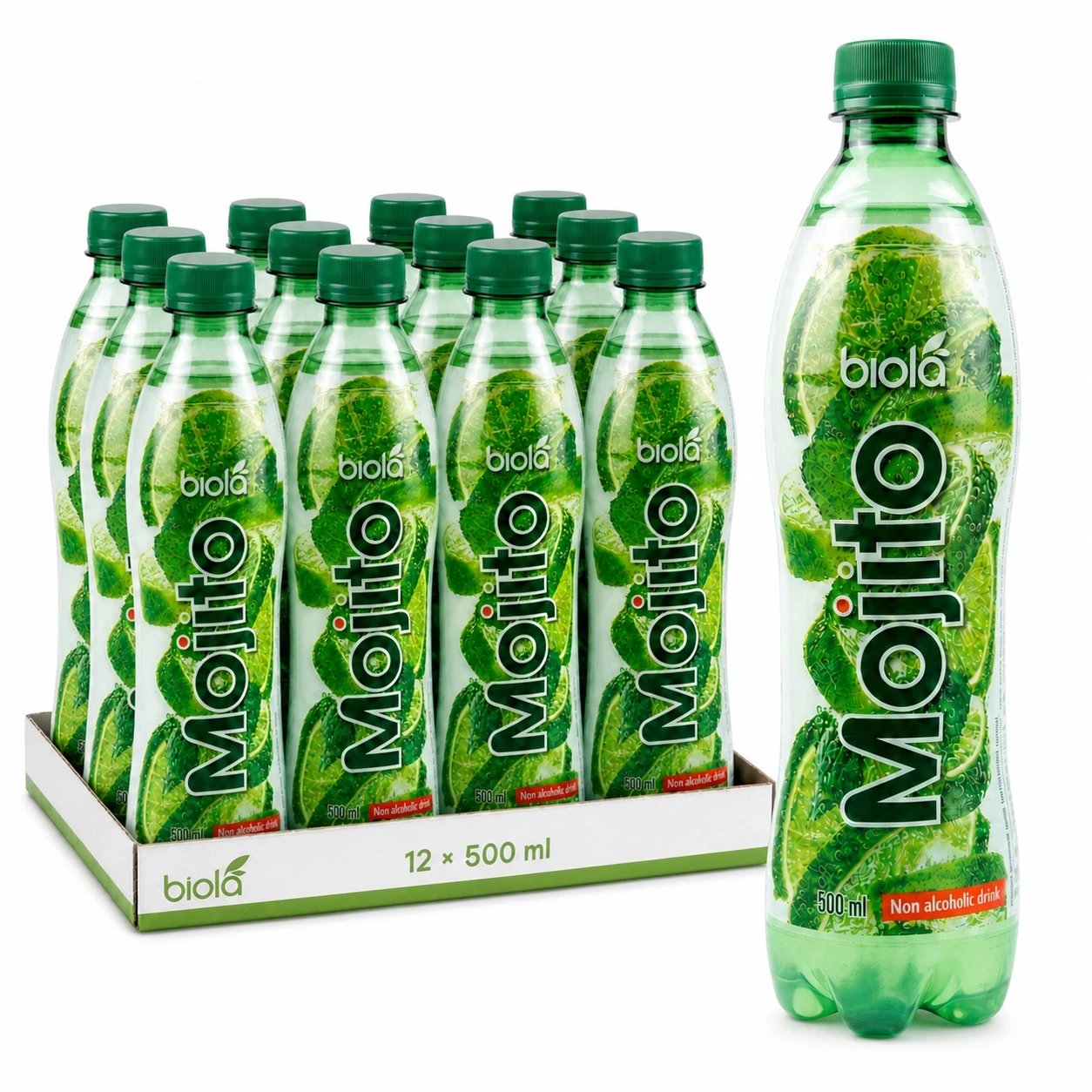 Biola Non-Alcoholic Mojito twelve-bottle case with a 500ml bottle alongside