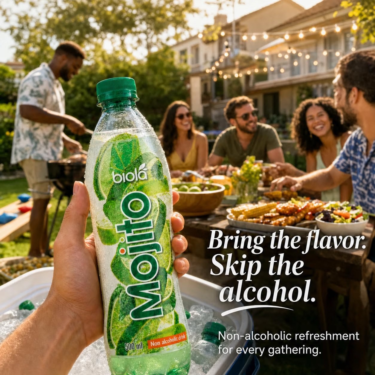 Friends enjoying a backyard gathering with Biola Mojito. Bring the flavor. Skip the alcohol.