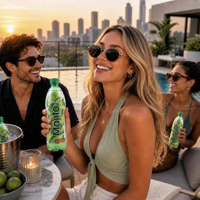 Friends sharing Biola Mojito at a rooftop gathering